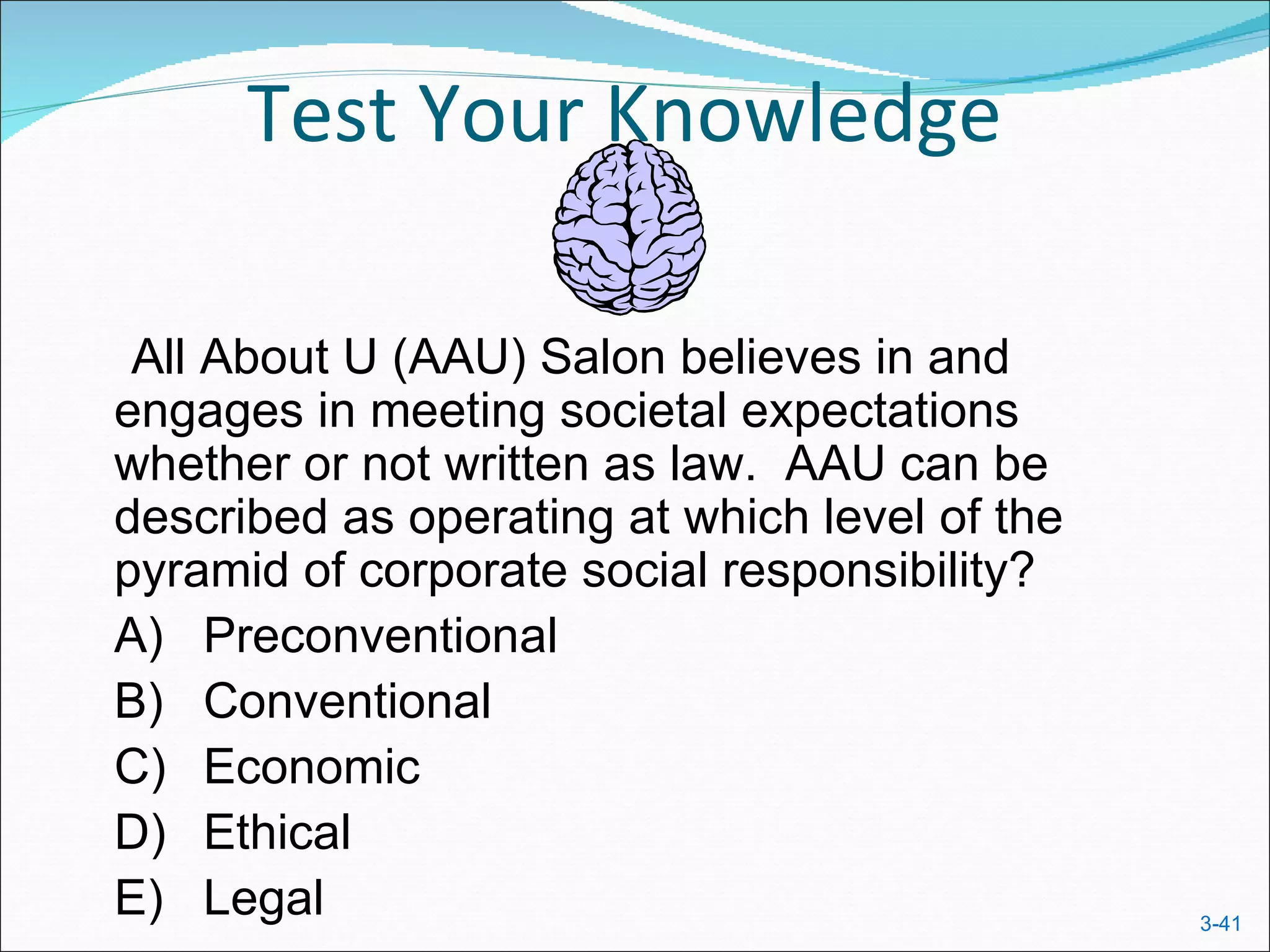 Test Your Knowledge

 All About U (AAU) Salon believes in and
engages in meeting societal expectations
whether or not written as law. AAU can be
described as operating at which level of the
pyramid of corporate social responsibility?
A) Preconventional
B) Conventional
C) Economic
D) Ethical
E) Legal                                       3-41
 