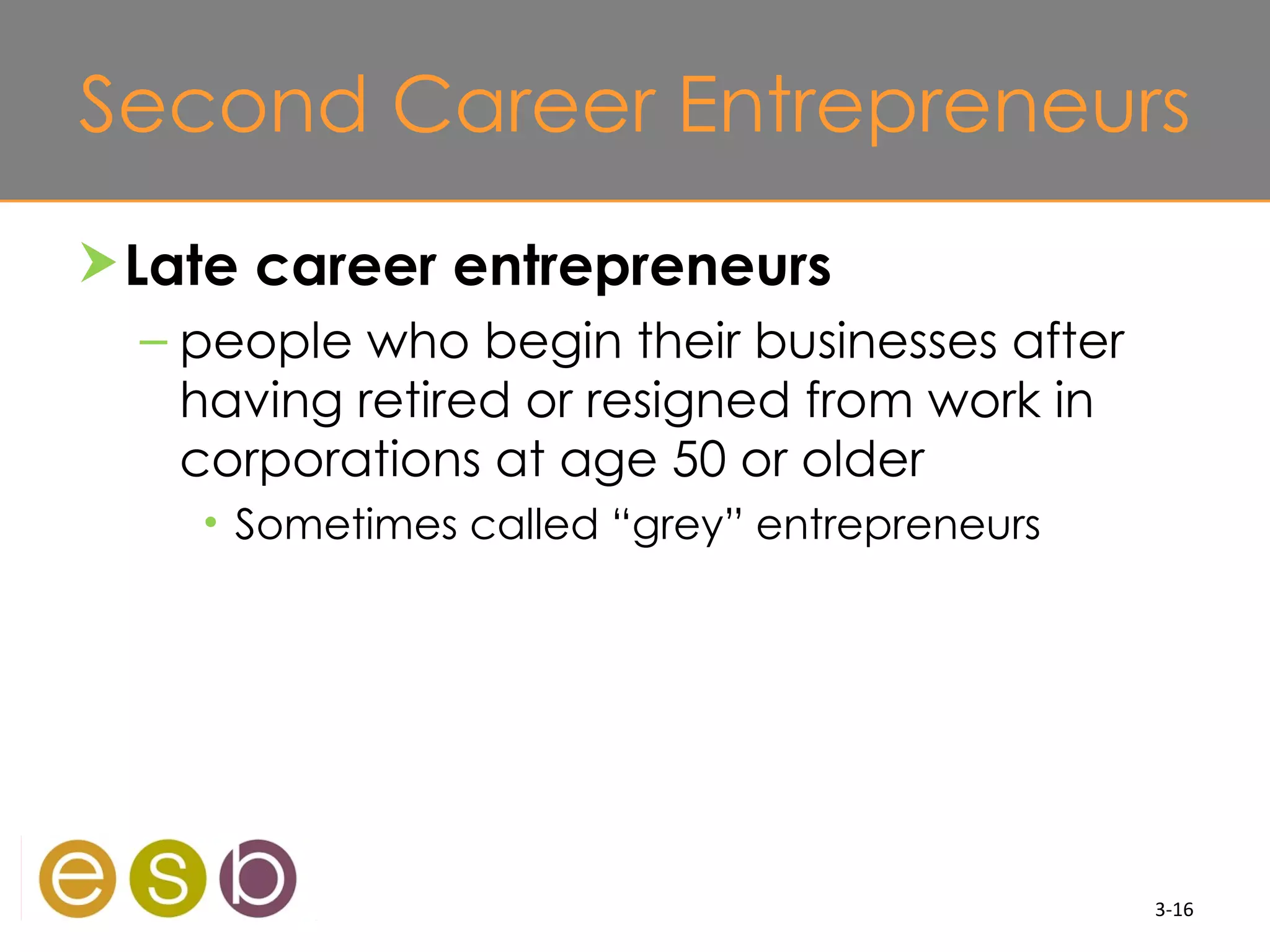 Second Career Entrepreneurs
 Late career entrepreneurs
  – people who begin their businesses after
    having retired or resigned from work in
    corporations at age 50 or older
    • Sometimes called “grey” entrepreneurs




                                              3-16
 