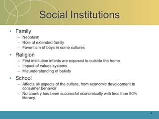 Social Institutions
• Family
   – Nepotism
   – Role of extended family
   – Favoritism of boys in some cultures
• Religion
   – First institution infants are exposed to outside the home
   – Impact of values systems
   – Misunderstanding of beliefs
• School
   – Affects all aspects of the culture, from economic development to
     consumer behavior
   – No country has been successful economically with less than 50%
     literacy


                                                                        4-
 