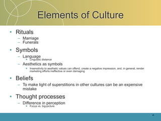 Elements of Culture
• Rituals
   – Marriage
   – Funerals

• Symbols
   – Language
       ►   Linguistic distance
   – Aesthetics as symbols
       ►   Insensitivity to aesthetic values can offend, create a negative impression, and, in general, render
           marketing efforts ineffective or even damaging


• Beliefs
   – To make light of superstitions in other cultures can be an expensive
     mistake

• Thought processes
   – Difference in perception
       ►   Focus vs. big-picture


                                                                                                                 4-
 