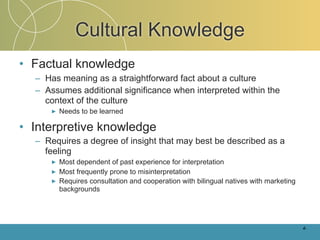 Cultural Knowledge
• Factual knowledge
  – Has meaning as a straightforward fact about a culture
  – Assumes additional significance when interpreted within the
    context of the culture
     ►   Needs to be learned

• Interpretive knowledge
  – Requires a degree of insight that may best be described as a
    feeling
     ►   Most dependent of past experience for interpretation
     ►   Most frequently prone to misinterpretation
     ►   Requires consultation and cooperation with bilingual natives with marketing
         backgrounds




                                                                                       4-
 