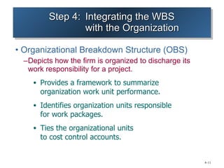 Step 4: Integrating the WBS with the Organization Organizational Breakdown Structure (OBS) Depicts how the firm is organized to discharge its work responsibility for a project. Provides a framework to summarize  organization work unit performance. Identifies organization units responsible  for work packages. Ties the organizational units  to cost control accounts. 