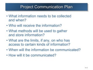 Project Communication Plan What information needs to be collected  and when? Who will receive the information? What methods will be used to gather  and store information? What are the limits, if any, on who has access to certain kinds of information? When will the information be communicated? How will it be communicated? 