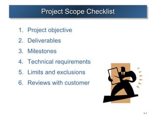 Project Scope Checklist Project objective Deliverables Milestones Technical requirements Limits and exclusions Reviews with customer 