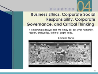 C H A P T E R

 Business Ethics, Corporate Social
                                              04
        Responsibility, Corporate
Governance, and Critical Thinking
 It is not what a lawyer tells me I may do; but what humanity,
 reason, and justice, tell me I ought to do.

                            Edmund Burke




                                                                 4-1
 