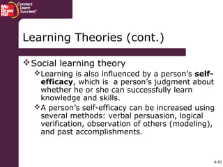 4-10
Social learning theory
Learning is also influenced by a person’s self-
efficacy, which is a person’s judgment about
whether he or she can successfully learn
knowledge and skills.
A person’s self-efficacy can be increased using
several methods: verbal persuasion, logical
verification, observation of others (modeling),
and past accomplishments.
Learning Theories (cont.)
 