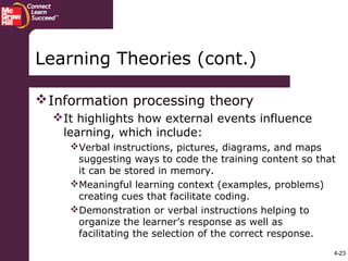 4-23
Learning Theories (cont.)
Information processing theory
It highlights how external events influence
learning, which include:
Verbal instructions, pictures, diagrams, and maps
suggesting ways to code the training content so that
it can be stored in memory.
Meaningful learning context (examples, problems)
creating cues that facilitate coding.
Demonstration or verbal instructions helping to
organize the learner’s response as well as
facilitating the selection of the correct response.
 
