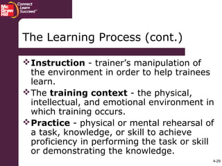 4-29
The Learning Process (cont.)
Instruction - trainer’s manipulation of
the environment in order to help trainees
learn.
The training context - the physical,
intellectual, and emotional environment in
which training occurs.
Practice - physical or mental rehearsal of
a task, knowledge, or skill to achieve
proficiency in performing the task or skill
or demonstrating the knowledge.
 