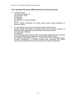 Chapter 04 - Consolidation of Wholly Owned Subsidiaries

1C4-7 Subsidiary Ownership: AMR Corporation and International Lease
a.

(1) Airline service
(2) American Airlines, Inc.
(3) Fort Worth, Texas
(4) Delaware
(5) Delaware
(6) The New York Stock Exchange
(7) 20
(8) All of AMR’s subsidiaries are wholly owned except several subsidiaries of
American Airlines.

b.

(1) International Lease Finance Corporation leases aircraft to airlines.
(2) AIG Capital Corporation and National Union Fire Insurance Company of
Pittsburgh, Pennsylvania are the direct owners of International Lease.
(3) Los Angeles, California
(4) California
(5) International Lease’s common stock is not publicly traded because the company
is an indirect wholly owned subsidiary of American International Group.
(6) American International Group, Inc., is the parent of the consolidated group.
American International is a holding company with businesses that include
insurance, and related products, financial services, and asset management.

4-11

 