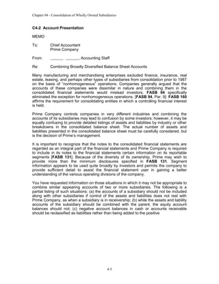 Chapter 04 - Consolidation of Wholly Owned Subsidiaries

C4-2 Account Presentation
MEMO
To:
From:
Re:

Chief Accountant
Prime Company
, Accounting Staff
Combining Broadly Diversified Balance Sheet Accounts

Many manufacturing and merchandising enterprises excluded finance, insurance, real
estate, leasing, and perhaps other types of subsidiaries from consolidation prior to 1987
on the basis of “nonhomogeneous” operations. Companies generally argued that the
accounts of these companies were dissimilar in nature and combining them in the
consolidated financial statements would mislead investors. FASB 94 specifically
eliminated the exception for nonhomogeneous operations. [FASB 94, Par. 9] FASB 160
affirms the requirement for consolidating entities in which a controlling financial interest
is held.
Prime Company controls companies in very different industries and combining the
accounts of its subsidiaries may lead to confusion by some investors; however, it may be
equally confusing to provide detailed listings of assets and liabilities by industry or other
breakdowns in the consolidated balance sheet. The actual number of assets and
liabilities presented in the consolidated balance sheet must be carefully considered, but
is the decision of Prime’s management.
It is important to recognize that the notes to the consolidated financial statements are
regarded as an integral part of the financial statements and Prime Company is required
to include in its notes to the financial statements certain information on its reportable
segments [FASB 131]. Because of the diversity of its ownership, Prime may wish to
provide more than the minimum disclosures specified in FASB 131. Segment
information appears to be used quite broadly by investors and permits the company to
provide sufficient detail to assist the financial statement user in gaining a better
understanding of the various operating divisions of the company.
You have requested information on those situations in which it may not be appropriate to
combine similar appearing accounts of two or more subsidiaries. The following is a
partial listing of such situations: (a) the accounts of a subsidiary should not be included
along with other subsidiaries if control of the assets and liabilities does not rest with
Prime Company, as when a subsidiary is in receivership; (b) while the assets and liability
accounts of the subsidiary should be combined with the parent, the equity account
balances should not; (c) negative account balances in cash or accounts receivable
should be reclassified as liabilities rather than being added to the positive

4-5

 