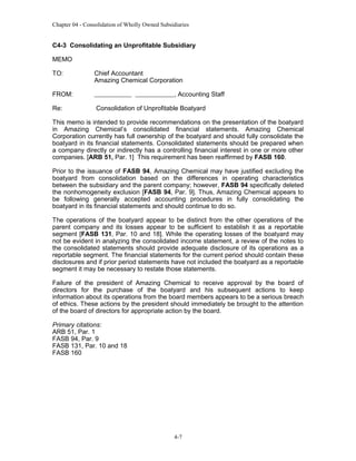 Chapter 04 - Consolidation of Wholly Owned Subsidiaries

C4-3 Consolidating an Unprofitable Subsidiary
MEMO
TO:

Chief Accountant
Amazing Chemical Corporation

FROM:
Re:

, Accounting Staff
Consolidation of Unprofitable Boatyard

This memo is intended to provide recommendations on the presentation of the boatyard
in Amazing Chemical’s consolidated financial statements. Amazing Chemical
Corporation currently has full ownership of the boatyard and should fully consolidate the
boatyard in its financial statements. Consolidated statements should be prepared when
a company directly or indirectly has a controlling financial interest in one or more other
companies. [ARB 51, Par. 1] This requirement has been reaffirmed by FASB 160.
Prior to the issuance of FASB 94, Amazing Chemical may have justified excluding the
boatyard from consolidation based on the differences in operating characteristics
between the subsidiary and the parent company; however, FASB 94 specifically deleted
the nonhomogeneity exclusion [FASB 94, Par. 9]. Thus, Amazing Chemical appears to
be following generally accepted accounting procedures in fully consolidating the
boatyard in its financial statements and should continue to do so.
The operations of the boatyard appear to be distinct from the other operations of the
parent company and its losses appear to be sufficient to establish it as a reportable
segment [FASB 131, Par. 10 and 18]. While the operating losses of the boatyard may
not be evident in analyzing the consolidated income statement, a review of the notes to
the consolidated statements should provide adequate disclosure of its operations as a
reportable segment. The financial statements for the current period should contain these
disclosures and if prior period statements have not included the boatyard as a reportable
segment it may be necessary to restate those statements.
Failure of the president of Amazing Chemical to receive approval by the board of
directors for the purchase of the boatyard and his subsequent actions to keep
information about its operations from the board members appears to be a serious breach
of ethics. These actions by the president should immediately be brought to the attention
of the board of directors for appropriate action by the board.
Primary citations:
ARB 51, Par. 1
FASB 94, Par. 9
FASB 131, Par. 10 and 18
FASB 160

4-7

 