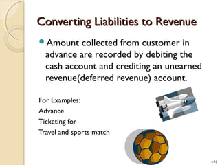 4-12
Converting Liabilities to RevenueConverting Liabilities to Revenue
Amount collected from customer in
advance are recorded by debiting the
cash account and crediting an unearned
revenue(deferred revenue) account.
For Examples:
Advance
Ticketing for
Travel and sports match
 