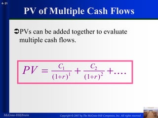 Copyright © 2007 by The McGraw-Hill Companies, Inc. All rights reserved
McGraw-Hill/Irwin
4- 21
PV of Multiple Cash Flows
PVs can be added together to evaluate
multiple cash flows.
PV C
r
C
r
  
 
1
1
2
2
1 1
( ) ( )
....
 