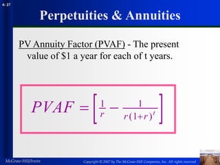 Copyright © 2007 by The McGraw-Hill Companies, Inc. All rights reserved
McGraw-Hill/Irwin
4- 27
Perpetuities & Annuities
PV Annuity Factor (PVAF) - The present
value of $1 a year for each of t years.
 
PVAF r r r t
  
1 1
1
( )
 