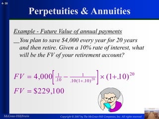 Copyright © 2007 by The McGraw-Hill Companies, Inc. All rights reserved
McGraw-Hill/Irwin
4- 30
Perpetuities & Annuities
Example - Future Value of annual payments
You plan to save $4,000 every year for 20 years
and then retire. Given a 10% rate of interest, what
will be the FV of your retirement account?
 
FV
FV
   


4 000 1 10
100
1
10
1
10 1 10
20
20
, ( . )
$229,
. . ( . )
 