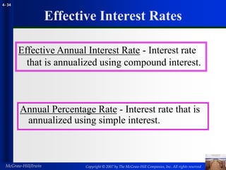 Copyright © 2007 by The McGraw-Hill Companies, Inc. All rights reserved
McGraw-Hill/Irwin
4- 34
Effective Interest Rates
Annual Percentage Rate - Interest rate that is
annualized using simple interest.
Effective Annual Interest Rate - Interest rate
that is annualized using compound interest.
 