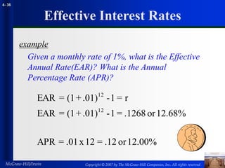 Copyright © 2007 by The McGraw-Hill Companies, Inc. All rights reserved
McGraw-Hill/Irwin
4- 36
Effective Interest Rates
example
Given a monthly rate of 1%, what is the Effective
Annual Rate(EAR)? What is the Annual
Percentage Rate (APR)?
12.00%
or
.12
=
12
x
.01
=
APR
12.68%
or
.1268
=
1
-
.01)
+
(1
=
EAR
r
=
1
-
.01)
+
(1
=
EAR
12
12
 