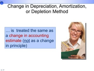 Change in Depreciation, Amortization, or Depletion Method …  is  treated the same as a  change in accounting estimate  ( not  as a change in principle) 