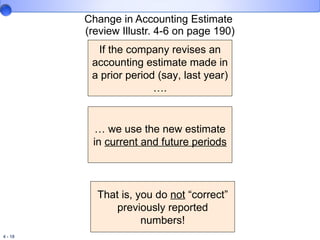 Change in Accounting Estimate  (review Illustr. 4-6 on page 190) If the company revises an accounting estimate made in a prior period (say, last year) …. …  we use the new estimate in  current and future periods That is, you do  not  “correct” previously reported numbers! 
