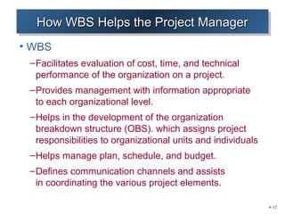 4–12 
HHHHoooowwww WWWWBBBBSSSS HHHHeeeelllplpppssss tttthhhheeee PPPPrrrroooojjjejeeecccctttt MMMMaaaannnnaaaaggggeeeerrrr 
• WBS 
–Facilitates evaluation of cost, time, and technical 
performance of the organization on a project. 
–Provides management with information appropriate 
to each organizational level. 
–Helps in the development of the organization 
breakdown structure (OBS). which assigns project 
responsibilities to organizational units and individuals 
–Helps manage plan, schedule, and budget. 
–Defines communication channels and assists 
in coordinating the various project elements. 
 