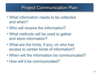 4–22 
PPPPrrrroooojjjejeeecccctttt CCCCoooommmmmmmmuuuunnnniiicicccaaaattttiiioiooonnnn PPPPlllalaaannnn 
• What information needs to be collected 
and when? 
• Who will receive the information? 
• What methods will be used to gather 
and store information? 
• What are the limits, if any, on who has 
access to certain kinds of information? 
• When will the information be communicated? 
• How will it be communicated? 
 