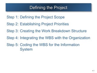 4–3 
DDDDeeeeffffiiininnniiininnngggg tttthhhheeee PPPPrrrroooojjjejeeecccctttt 
Step 1: Defining the Project Scope 
Step 2: Establishing Project Priorities 
Step 3: Creating the Work Breakdown Structure 
Step 4: Integrating the WBS with the Organization 
Step 5: Coding the WBS for the Information 
System 
 