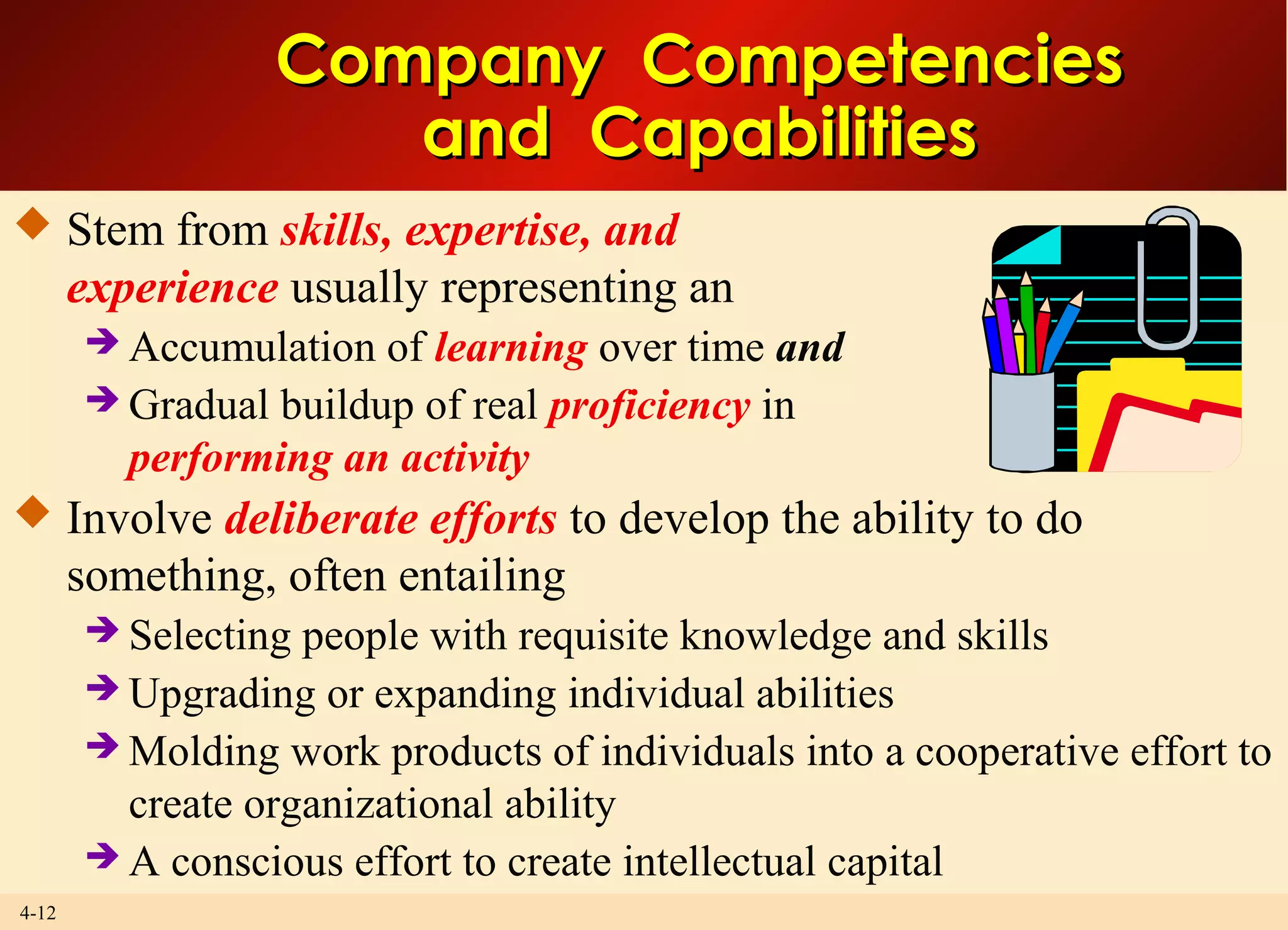 4-12
Company CompetenciesCompany Competencies
and Capabilitiesand Capabilities
 Stem from skills, expertise, and
experience usually representing an
 Accumulation of learning over time and
 Gradual buildup of real proficiency in
performing an activity
 Involve deliberate efforts to develop the ability to do
something, often entailing
 Selecting people with requisite knowledge and skills
 Upgrading or expanding individual abilities
 Molding work products of individuals into a cooperative effort to
create organizational ability
 A conscious effort to create intellectual capital
 