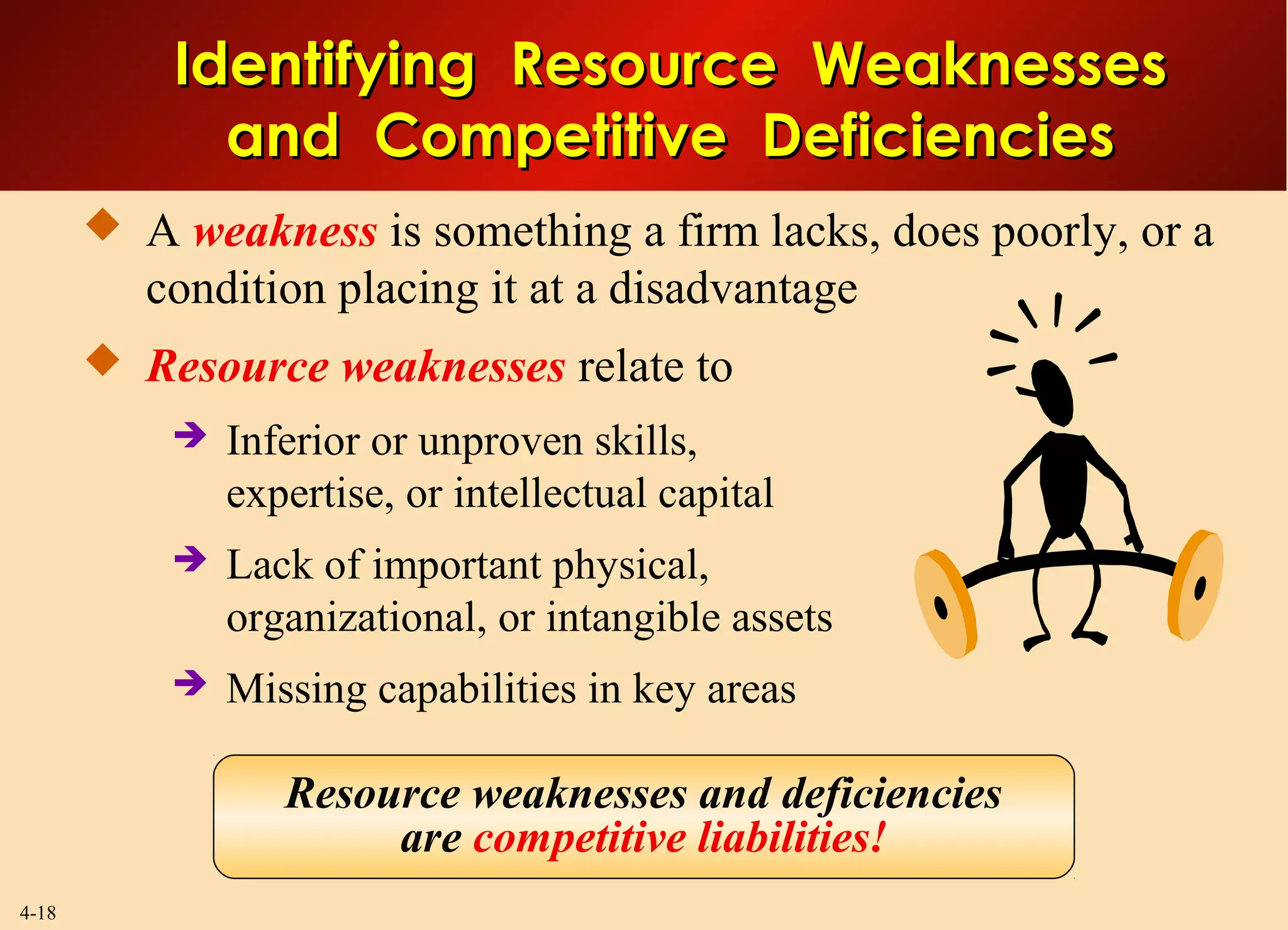 4-18
 A weakness is something a firm lacks, does poorly, or a
condition placing it at a disadvantage
 Resource weaknesses relate to
 Inferior or unproven skills,
expertise, or intellectual capital
 Lack of important physical,
organizational, or intangible assets
 Missing capabilities in key areas
Resource weaknesses and deficiencies
are competitive liabilities!
Identifying Resource WeaknessesIdentifying Resource Weaknesses
and Competitive Deficienciesand Competitive Deficiencies
 