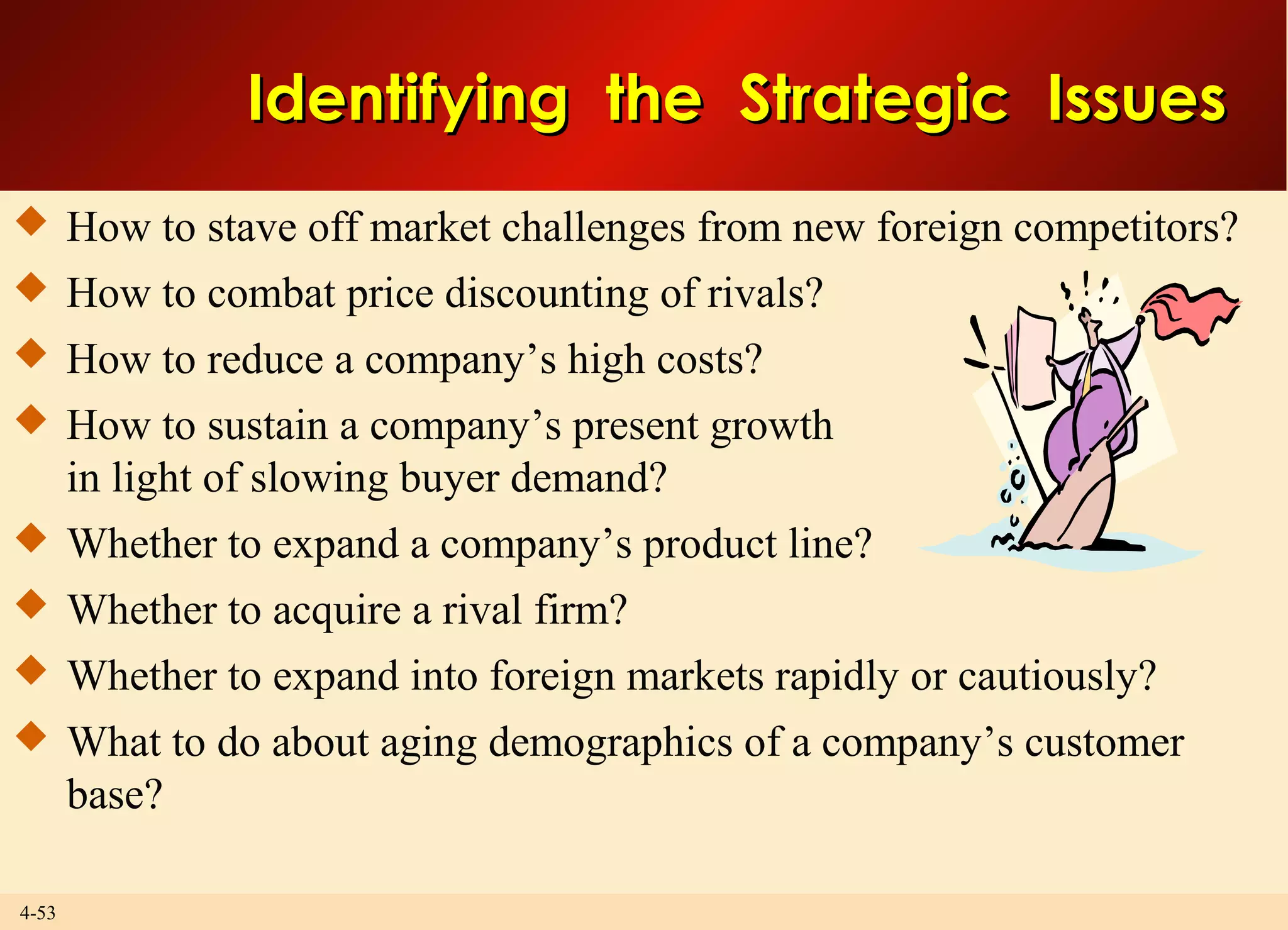 4-53
Identifying the Strategic IssuesIdentifying the Strategic Issues
 How to stave off market challenges from new foreign competitors?
 How to combat price discounting of rivals?
 How to reduce a company’s high costs?
 How to sustain a company’s present growth
in light of slowing buyer demand?
 Whether to expand a company’s product line?
 Whether to acquire a rival firm?
 Whether to expand into foreign markets rapidly or cautiously?
 What to do about aging demographics of a company’s customer
base?
 