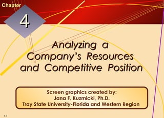 4-1
Analyzing aAnalyzing a
Company’s ResourcesCompany’s Resources
and Competitive Positionand Competitive Position
44
Chapter
Screen graphics created by:
Jana F. Kuzmicki, Ph.D.
Troy State University-Florida and Western Region
 