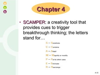 SCAMPER : a creativity tool that provides cues to trigger breakthrough thinking; the letters stand for… Chapter 4 4- 
