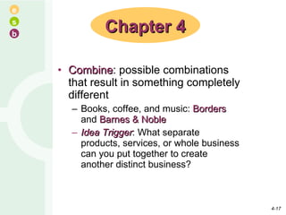 Combine : possible combinations that result in something completely different Books, coffee, and music:  Borders  and  Barnes & Noble Idea Trigger : What separate products, services, or whole business can you put together to create another distinct business? Chapter 4 4- 