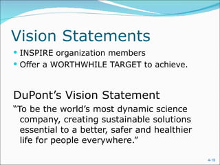 Vision Statements INSPIRE organization members Offer a WORTHWHILE TARGET to achieve. DuPont’s Vision Statement “ To be the world’s most dynamic science company, creating sustainable solutions essential to a better, safer and healthier life for people everywhere.” 