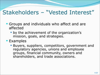 Stakeholders – “Vested Interest” Groups and individuals who affect and are affected  by the achievement of the organization’s mission, goals, and strategies. Examples Buyers, suppliers, competitors, government and regulatory agencies, unions and employee groups, financial community, owners and shareholders, and trade associations. 