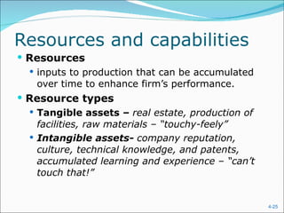 Resources and capabilities Resources inputs to production that can be accumulated over time to enhance firm’s performance. Resource types Tangible assets  –  real estate, production of facilities, raw materials – “touchy-feely” Intangible assets-   company reputation, culture, technical knowledge, and patents, accumulated learning and experience – “can’t touch that!” 