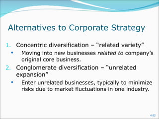 Alternatives to Corporate Strategy Concentric diversification – “related variety” Moving into new businesses  related to  company’s original core business. Conglomerate diversification – “unrelated expansion”  Enter unrelated businesses, typically to minimize risks due to market fluctuations in one industry. 