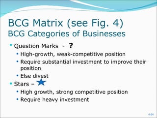 BCG Matrix (see Fig. 4) BCG Categories of Businesses Question Marks  -  ? High-growth, weak-competitive position Require substantial investment to improve their position Else divest Stars –  High growth, strong competitive position  Require heavy investment 