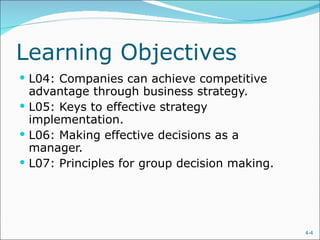 Learning Objectives L04: Companies can achieve competitive advantage through business strategy. L05: Keys to effective strategy implementation. L06: Making effective decisions as a manager. L07: Principles for group decision making. 
