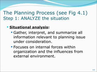 The Planning Process (see Fig 4.1)  Step 1: ANALYZE the situation  Situational analysis :  Gather, interpret, and summarize all information relevant to planning issue under consideration. Focuses on internal forces within organization and the influences from external environment. 