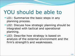 YOU should be able to L01: Summarize the basic steps in any planning process. L02: Discuss how strategic planning should be integrated with tactical and operational planning. L03: Describe how strategy is based on analysis of the external environment and the firm’s strength’s and weaknesses. 