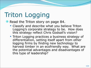 Triton Logging Read the Triton story on page 84. Classify and describe what you believe Triton Logging’s corporate strategy to be.  How does this strategy reflect Chris Godsall’s vision? Triton Logging practices a business strategy of differentiation, setting itself apart from other logging firms by finding new technology to harvest timber in an ecofriendly way.  What are the potential advantages and disadvantages of this type of leadership? 