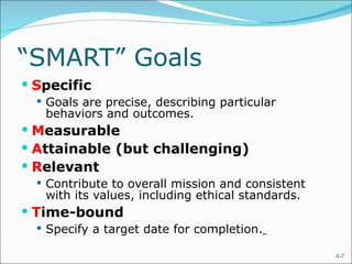 “ SMART” Goals S pecific Goals are precise, describing particular behaviors and outcomes. M easurable A ttainable (but challenging) R elevant Contribute to overall mission and consistent with its values, including ethical standards. T ime-bound Specify a target date for completion.   
