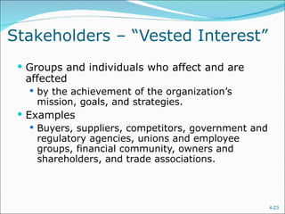 Stakeholders – “Vested Interest”
  Groups and individuals who affect and are
  affected
    by the achievement of the organization’s
     mission, goals, and strategies.
  Examples
     Buyers, suppliers, competitors, government and
      regulatory agencies, unions and employee
      groups, financial community, owners and
      shareholders, and trade associations.



                                                       4-23
 