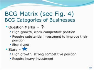 BCG Matrix (see Fig. 4)
BCG Categories of Businesses
 Question Marks - ?
    High-growth, weak-competitive position
    Require substantial investment to improve their
     position
    Else divest
 Stars –
   High growth, strong competitive position
   Require heavy investment


                                                       4-34
 