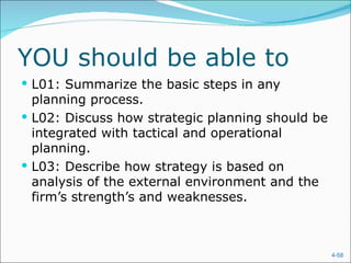YOU should be able to
 L01: Summarize the basic steps in any
  planning process.
 L02: Discuss how strategic planning should be
  integrated with tactical and operational
  planning.
 L03: Describe how strategy is based on
  analysis of the external environment and the
  firm’s strength’s and weaknesses.



                                                  4-58
 