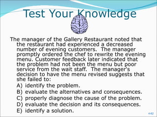 Test Your Knowledge

The manager of the Gallery Restaurant noted that
  the restaurant had experienced a decreased
  number of evening customers. The manager
  promptly ordered the chef to rewrite the evening
  menu. Customer feedback later indicated that
  the problem had not been the menu but poor
  service from the wait staff. The manager's
  decision to have the menu revised suggests that
  she failed to:
  A) identify the problem.
  B) evaluate the alternatives and consequences.
  C) properly diagnose the cause of the problem.
  D) evaluate the decision and its consequences.
  E) identify a solution.                            4-62
 