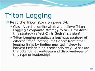 Triton Logging
 Read the Triton story on page 84.
   Classify and describe what you believe Triton
    Logging’s corporate strategy to be. How does
    this strategy reflect Chris Godsall’s vision?
   Triton Logging practices a business strategy of
    differentiation, setting itself apart from other
    logging firms by finding new technology to
    harvest timber in an ecofriendly way. What are
    the potential advantages and disadvantages of
    this type of leadership?



                                                       4-64
 