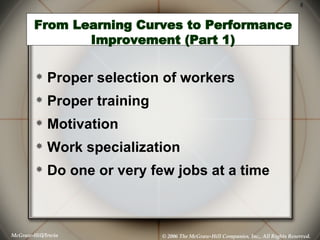 From Learning Curves to Performance Improvement (Part 1) Proper selection of workers  Proper training  Motivation  Work specialization  Do one or very few jobs at a time 