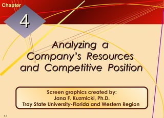 Chapter

4
Analyzing a
Company’s Resources
and Competitive Position
Screen graphics created by:
Jana F. Kuzmicki, Ph.D.
Troy State University-Florida and Western Region
4-1

 
