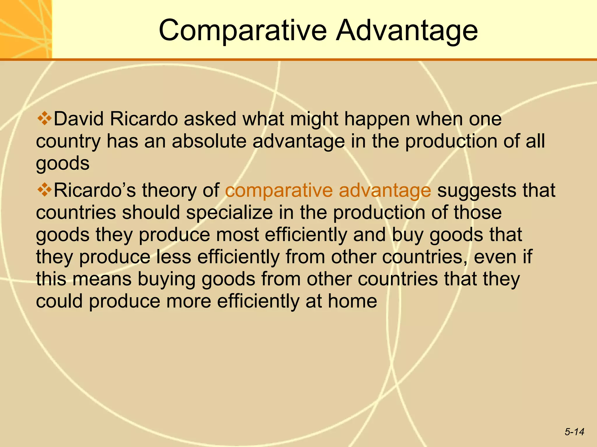 Comparative Advantage David Ricardo asked what might happen when one country has an absolute advantage in the production of all goods  Ricardo’s theory of  comparative advantage  suggests that countries should specialize in the production of those goods they produce most efficiently and buy goods that they produce less efficiently from other countries, even if this means buying goods from other countries that they could produce more efficiently at home  